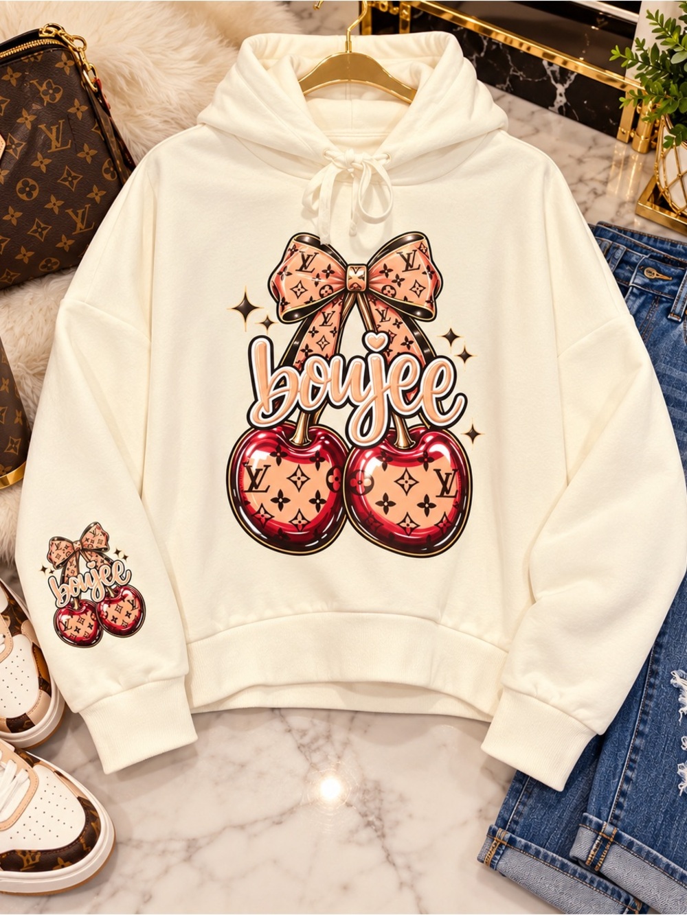 Cream Boujee Cherry Graphic Crewneck Sweatshirt